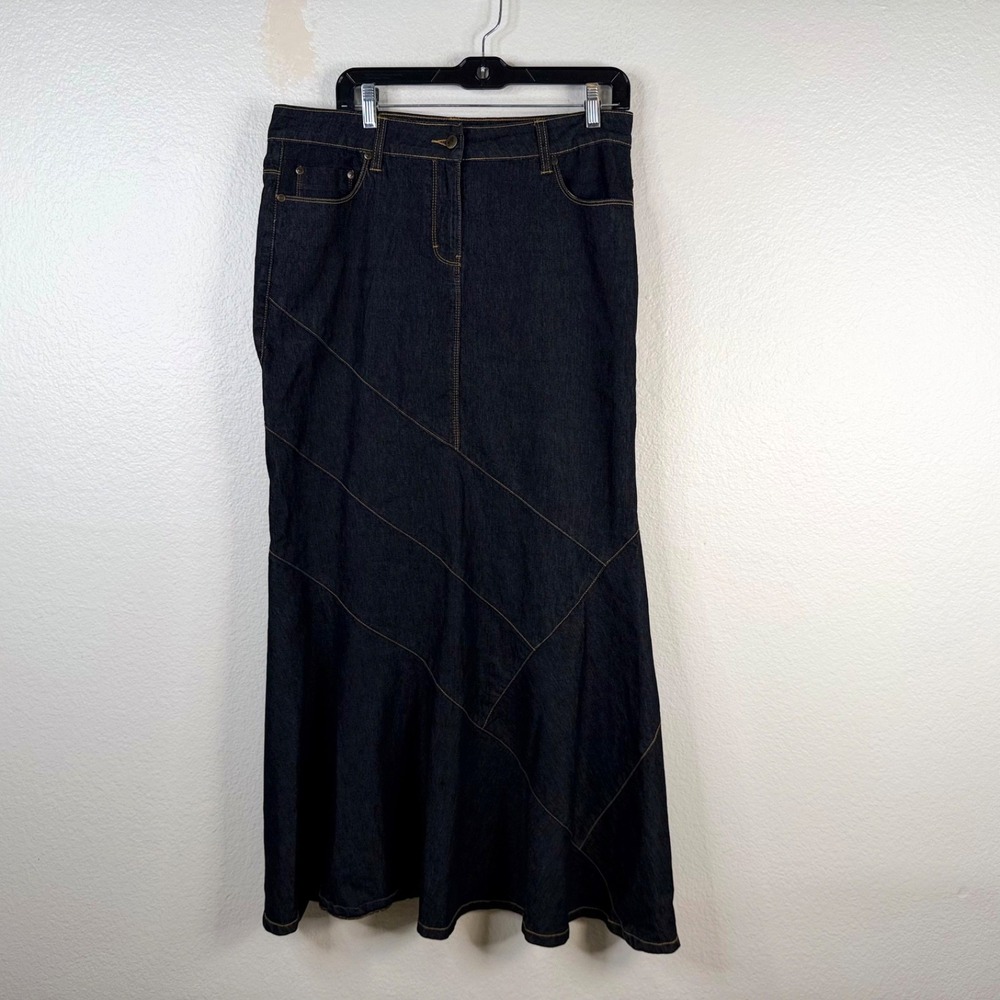 Bisou Bisou Long Denim Patchwork Maxi Skirt Dark Wash Sz 12 Mermaid Flare Y2K